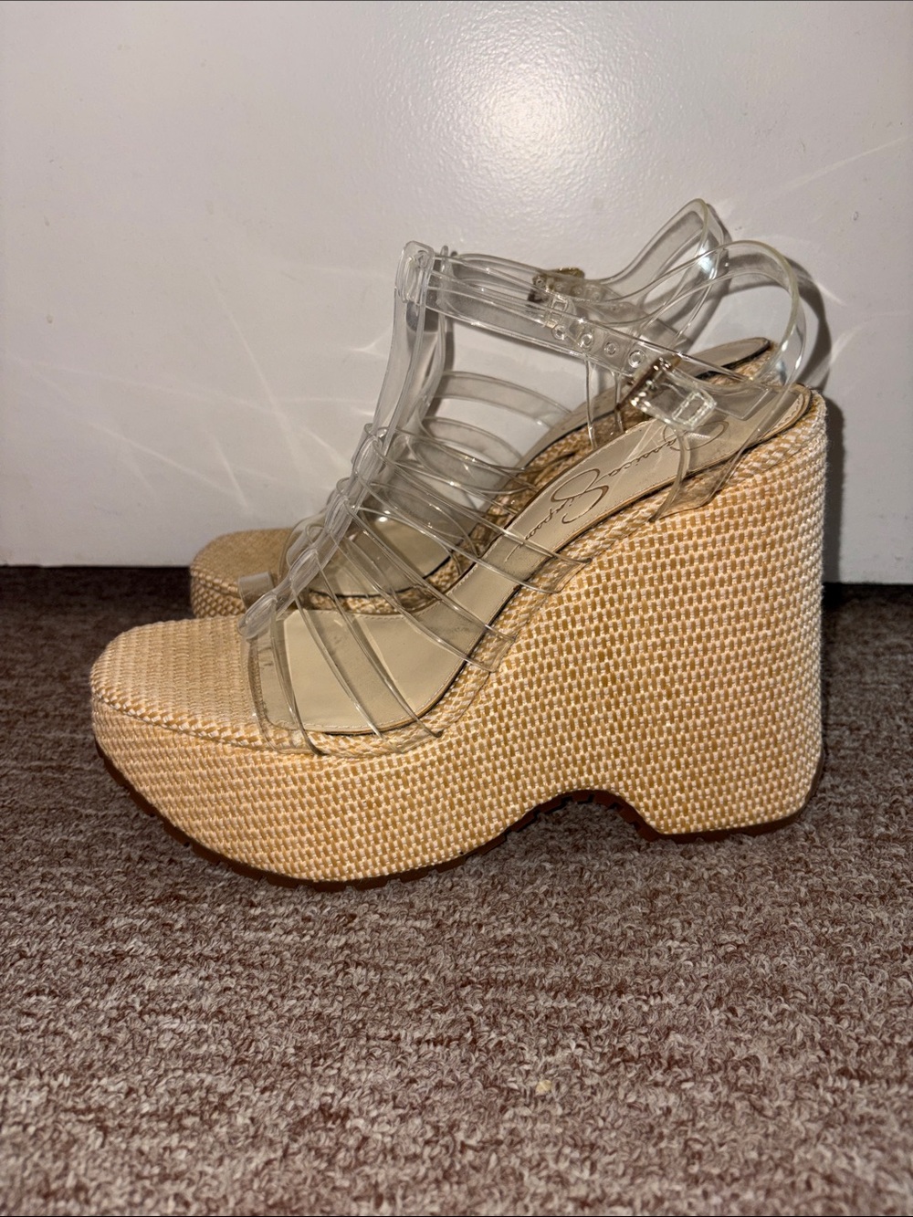 Jessica Simpson Clear-Strap Wedge Platforms in Beige